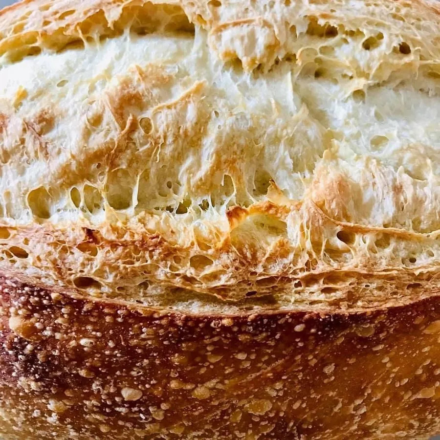 A baker's hand scoring a raw sourdough loaf with a blade just before it goes into the oven