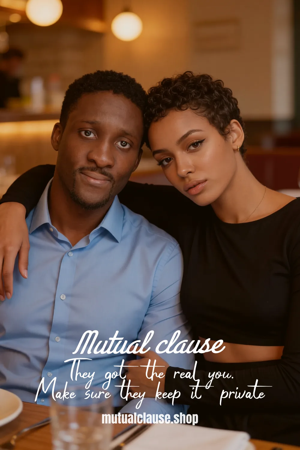 A MutualClause social advertisement: a couple seated close together in a restaurant, with the campaign line, they got the real you, make sure they keep it private