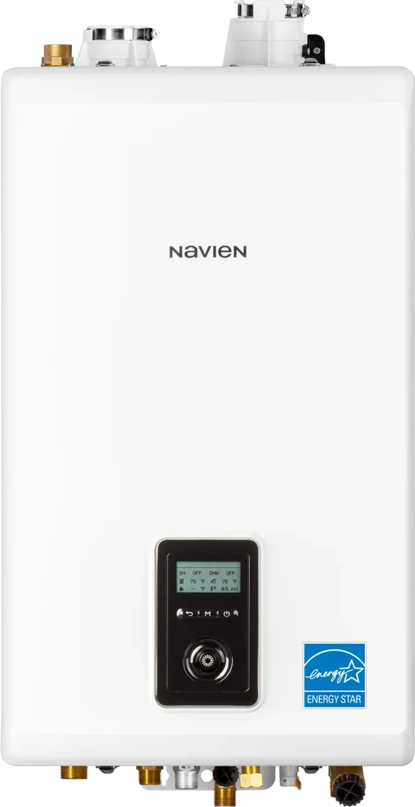 A Navien NCB-H combination boiler, wall-mounted, Energy Star rated, of the type Wickenheiser Mechanical installs across southern Saskatchewan