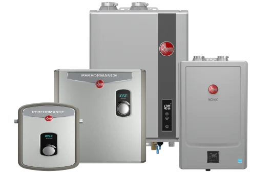 The Rheem water heater range, tankless and storage models, supplied and installed across southern Saskatchewan
