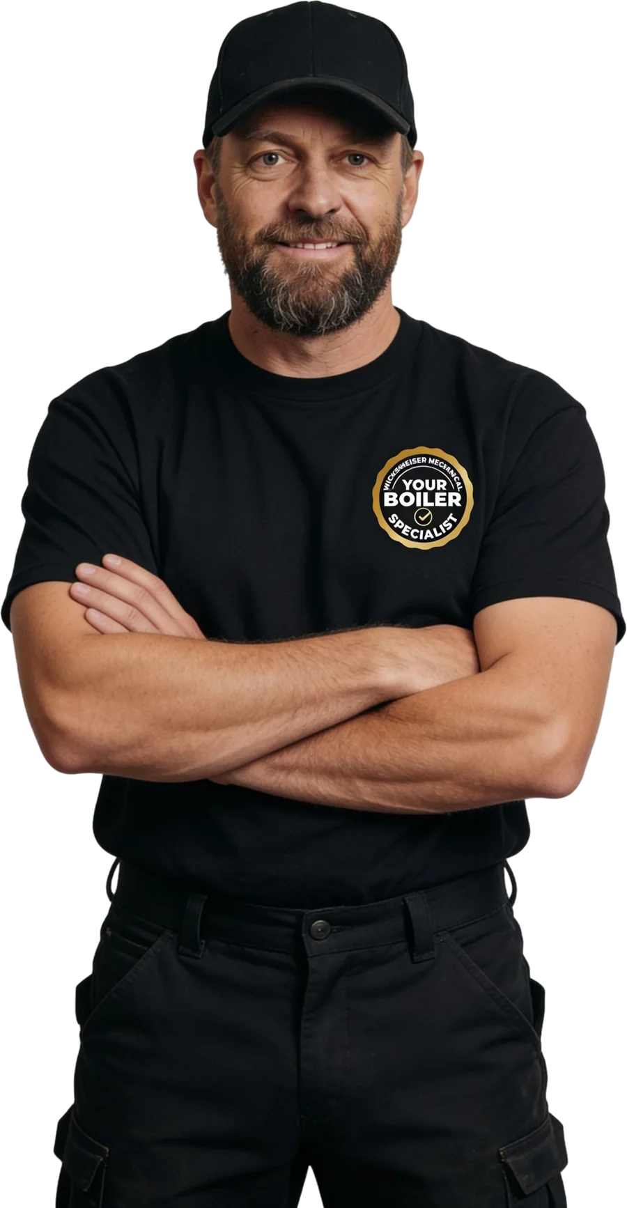 A Wickenheiser Mechanical technician in a black work shirt carrying the Your Boiler Specialist badge on the chest, arms folded