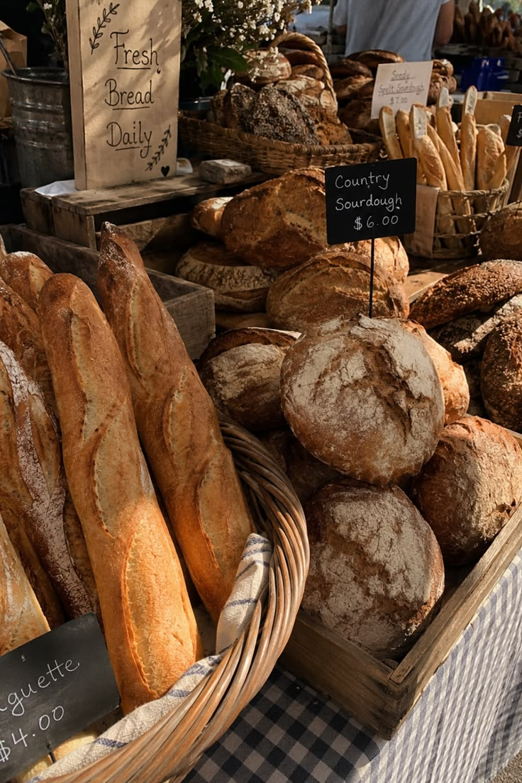 Fresh sourdough and baguettes at a Saskatchewan farmers market stall, illustrating premium small-business label and branding by YQR Design