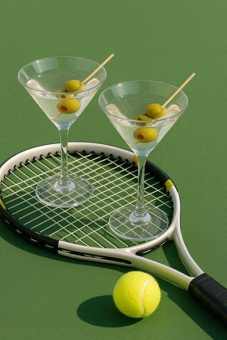 Two martinis styled on a tennis court, a playful quiet-luxury editorial set in the YQR Design mood