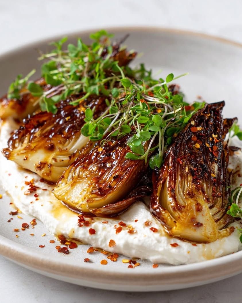 Caramelised endive on whipped ricotta with chilli and microgreens, a refined first course, fine-dining photography for YQR Design