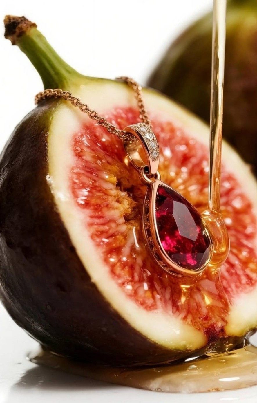MutualClause fine-jewelry campaign by YQR Design, a rose-gold ruby pendant against a honey-drizzled fresh fig