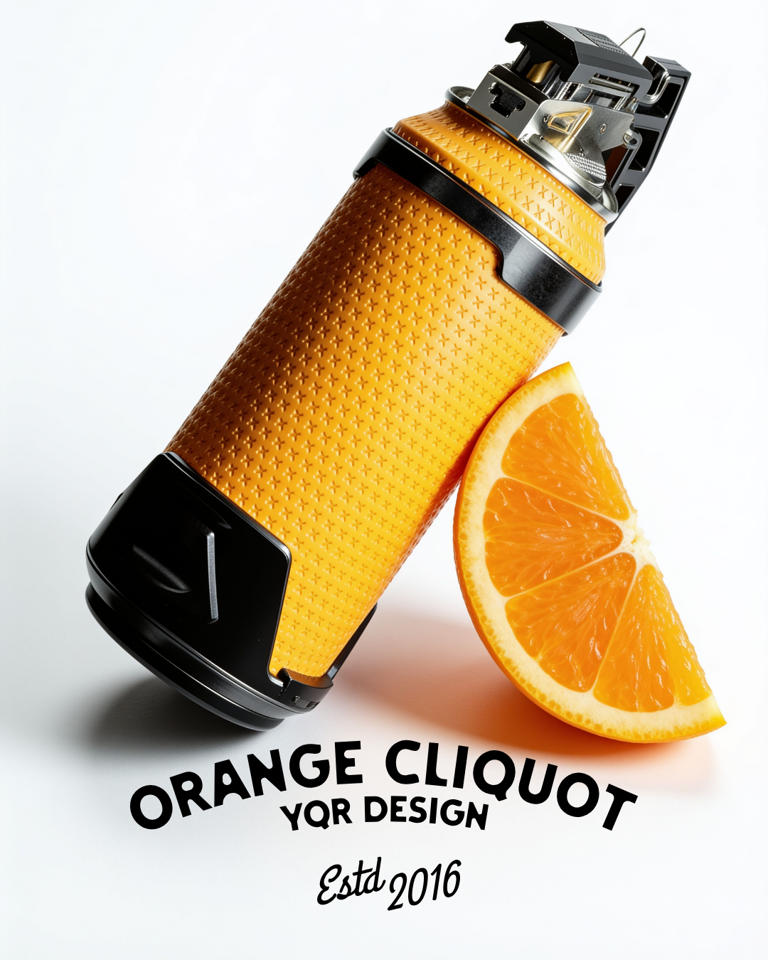 Orange Cliquot, textured orange product render with a fresh citrus slice, product branding and identity by YQR Design