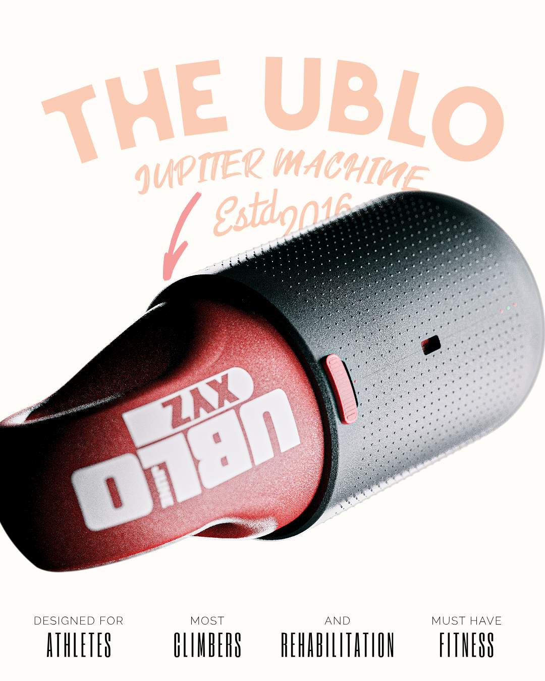 The UBLO, red and graphite recovery device with bold wordmark on a cream poster layout, product identity by YQR Design