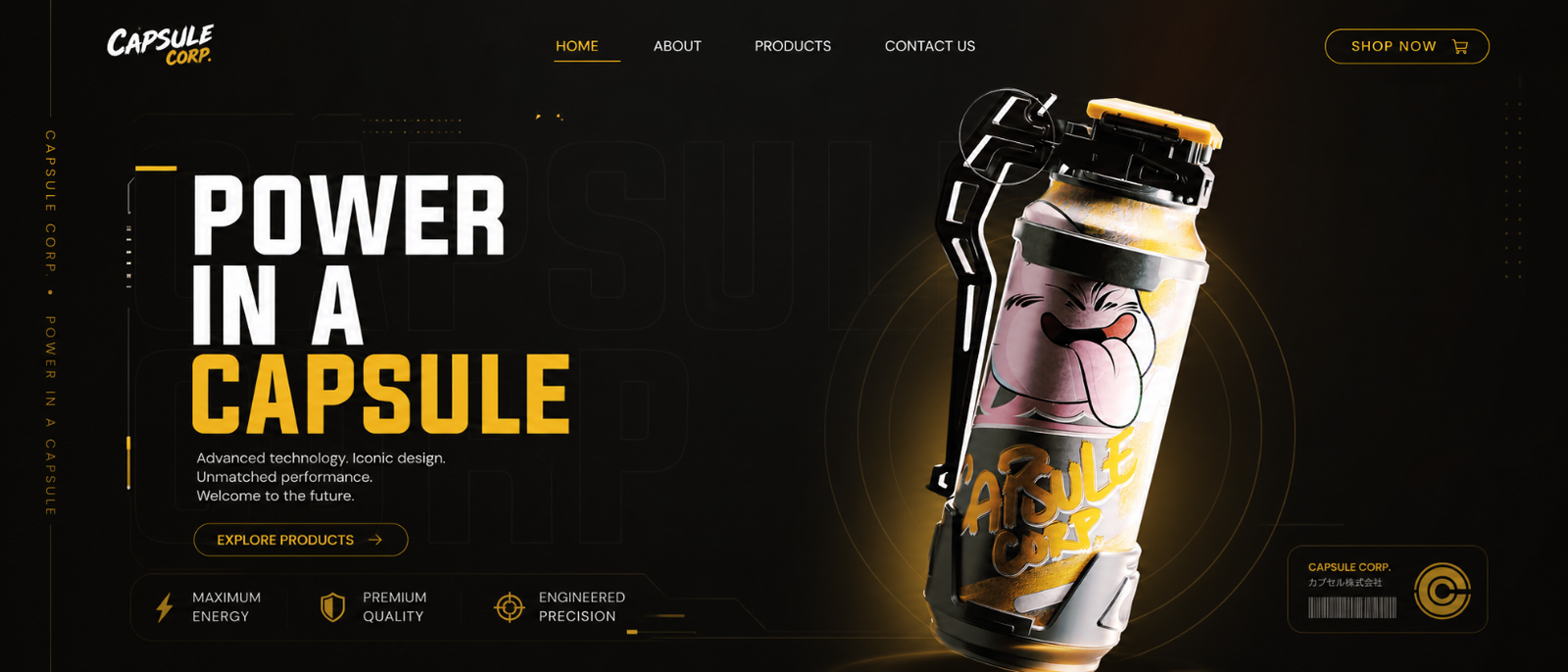 Concept Capsule Corp product website designed by YQR Design, dark editorial hero with gold display type