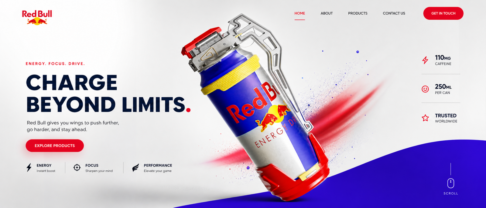 Concept Red Bull energy-drink landing page designed by YQR Design, Charge Beyond Limits hero with bold display type